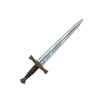 Ancient medieval longsword with a sharp steel blade and a detailed crossguard hilt.