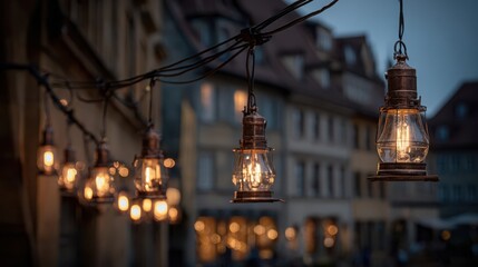 Obraz premium Glowing vintage lanterns suspended on a string illuminating a city street at night, creating a warm festive atmosphere.