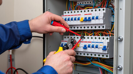 Electrician works on site, Repairing the electrical panel, Maintenance of power system, Testing the electrical voltage, Expert repairs the system, Electrical service is provided, Manual labor  © Jakub