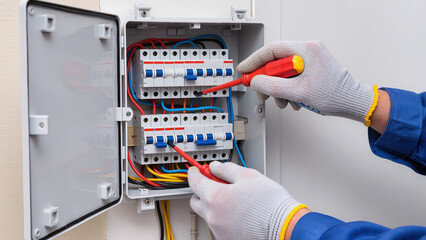 Electrician works on site, Repairing the electrical panel, Maintenance of power system, Testing the electrical voltage, Expert repairs the system, Electrical service is provided, Manual labor 