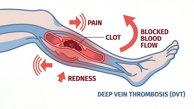 Deep vein thrombosis DVT medical education infographic illustrating blood clot symptoms including pain redness and blocked blood flow in lower leg