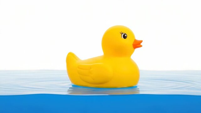 Yellow Rubber Duck Floats On Blue Water With Ripples Set Against Plain White Backdrop For Baby Bath Childhood Summer-themed Projects