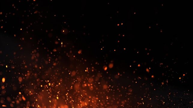 Fiery particles and embers floating on a dark background, creating a sense of heat, energy, and destruction, ideal for use in horror, action, or celebration visuals.