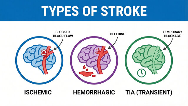 Types of stroke medical education infographic illustrating ischemic hemorrhagic and transient ischemic attack TIA categories with brain blood flow diagrams