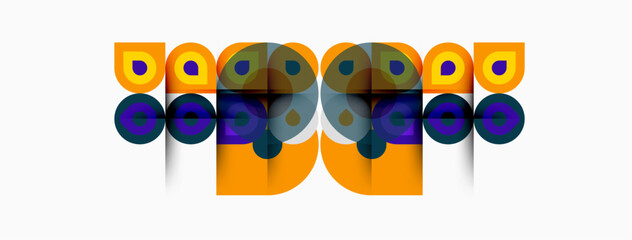 Fototapeta premium Abstract graphic features repeating owl shapes. Orange, blue, green hues dominate design. Minimalist style, symmetrical composition.