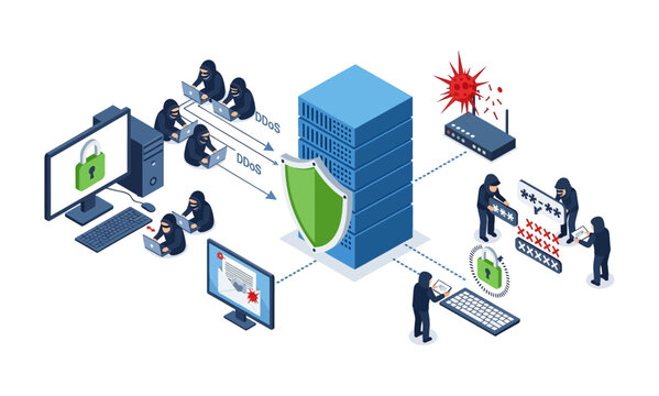 Cybersecurity isometric concept with hackers, server, and network protection.