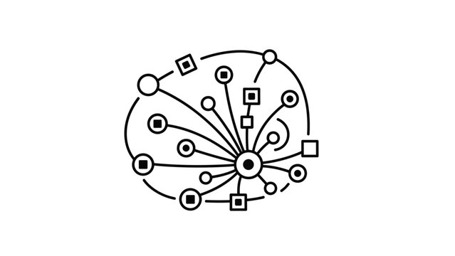Abstract circular network of connected nodes and shapes representing data flow, social media links, or complex technological systems.