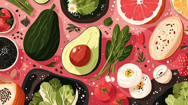 Bright pink background with fresh, colorful produce