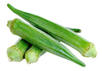 Naklejka premium A group of four fresh green okra pods stacked together on a clean. Healthy raw organic vegetables shown in a studio shot, ideal for food, cooking, and nutrition concepts.