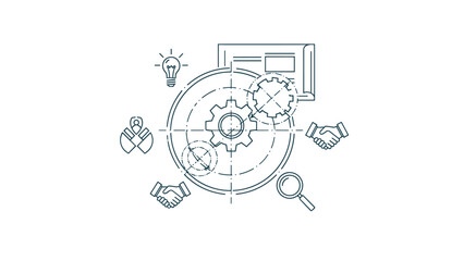 Obraz premium Integrated business ecosystem with icons for ideas partnerships mechanics and research organized around a central target.