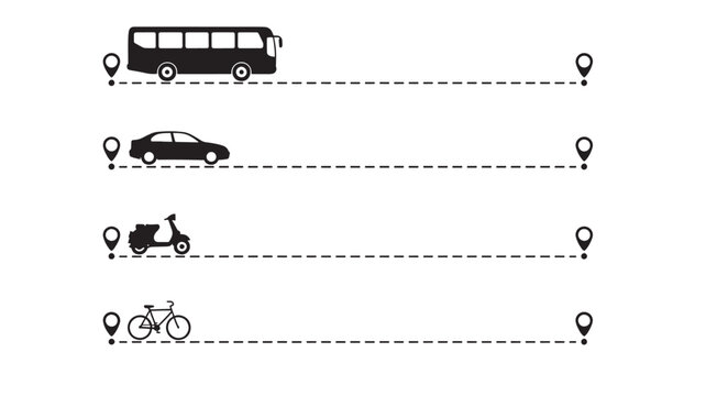 Bus, car, scooter, and bicycle icons with location pins and dashed travel lines across a white background