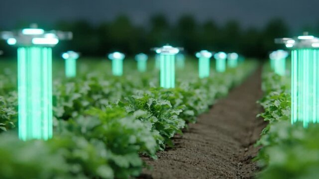 Illuminated Fields: Cutting-edge agriculture takes center stage, as rows of vibrant, glowing lights illuminate a lush field of crops at twilight, heralding a future of innovation in farming.