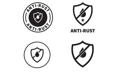 Shields with drop icons and anti rust text in various styles, representing protection against corrosion and moisture.