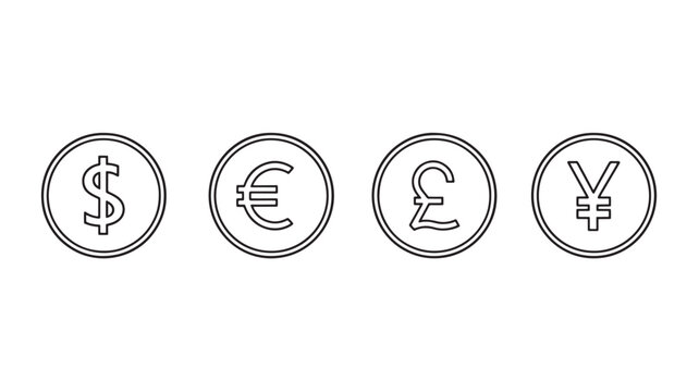 Coins featuring currency symbols like Dollar, Euro, Pound, and Yen are depicted in a simple outline style.