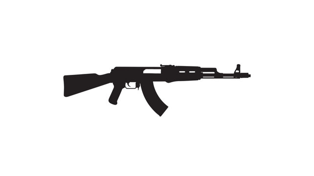 Assault rifle silhouette with iconic curved magazine and rifle stock, isolated on a white background for graphic design.