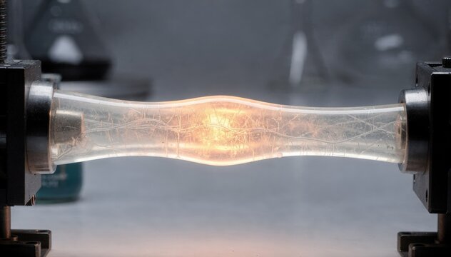 Medium shot of translucent selfhealing elastomer during experimental phase emphasizing clarity and elasticity as heat activates reversible bonds for innovative soft material