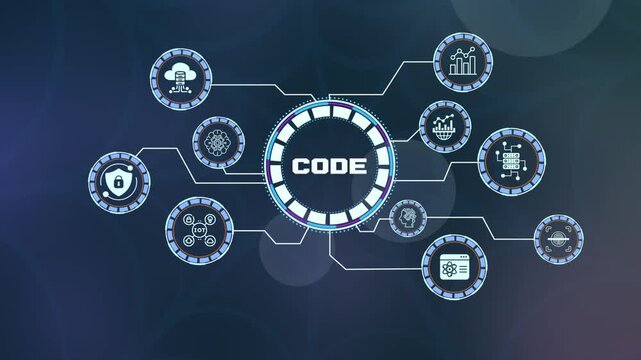 Abstract software programming code background with glowing binary digits and digital network architecture symbols.