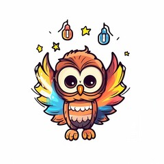 A whimsical cartoon owl with colorful wings, surrounded by stars and playful light bulbs.