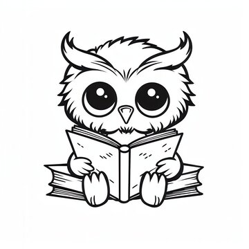 An adorable cartoon owl with big eyes reading a book, surrounded by stacks of books, showcasing a love for knowledge and learning.
