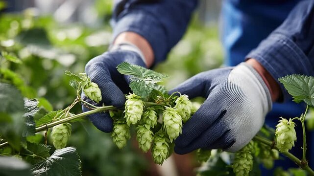 Harvesting Hops: A close-up view captures gloved hands carefully tending to hop plants, showcasing the essence of artisanal brewing and agriculture.