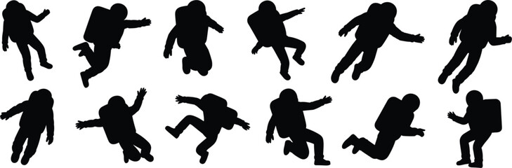 Silhouettes of astronauts in various dynamic poses floating in space zero gravity © Mst
