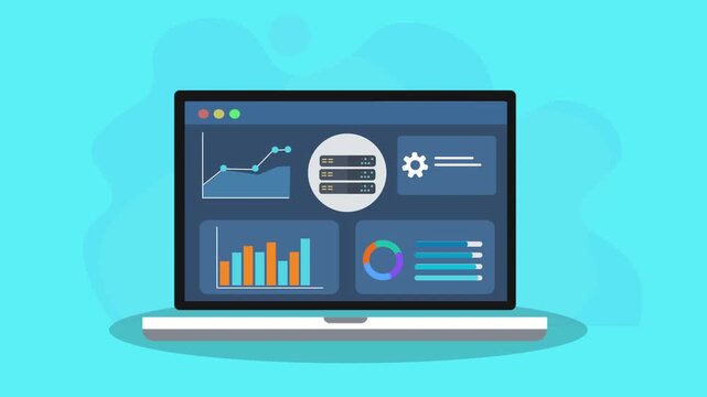 Animated laptop showing system settings dashboard with controls icon, charts, and panels, representing configuration, monitoring, and data analytics in a modern flat design.