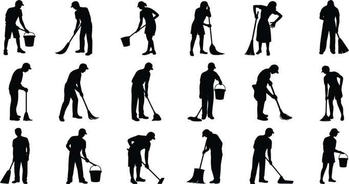 Silhouettes of people performing cleaning tasks with brooms and buckets cleaner janitor