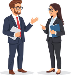 Obraz premium A professional businessman and businesswoman in formal attire engaged in a discussion while holding documents