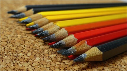 Obraz premium Assortment of meticulously sharpened colored pencils arranged in a row on a textured cork surface