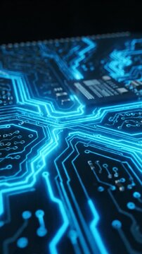 Close-up view of a glowing blue electronic circuit board with intricate pathways