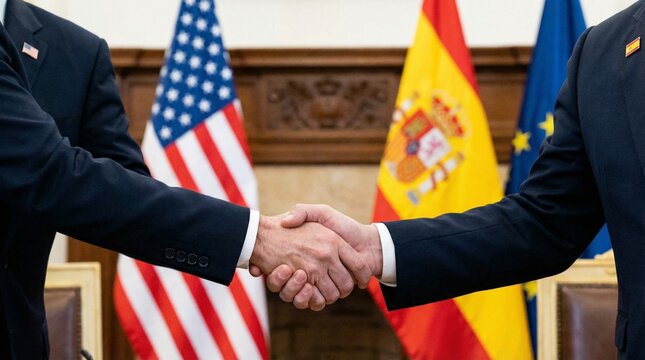 Two diplomats firmly shaking hands in front of the American and Spanish flags symbolizes a significant international bilateral agreement or partnership.