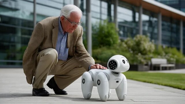 Human and Robotic Interaction: An elderly man gently interacts with a robotic dog, exemplifying the future of companionship and technological advancement.