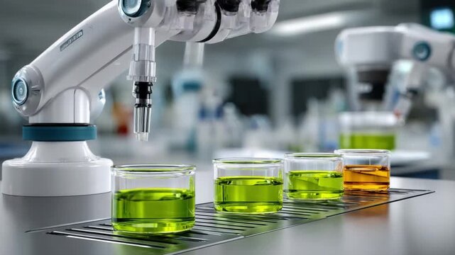 Precision in Science: A robotic arm meticulously dispenses liquid into glass beakers, illustrating the convergence of technology and scientific research in a laboratory setting. 