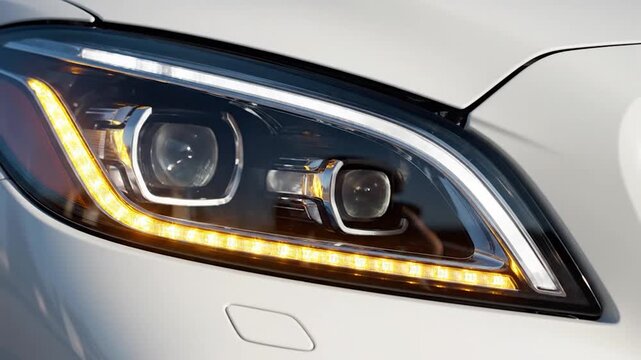 Close-up of a modern white car's LED headlight with bright daytime running