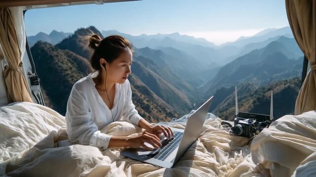 Remote Office: Amidst mountain vistas, an individual finds inspiration as they work remotely, immersed in the serenity of nature while connecting through technology.