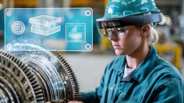 Industrial Insight: A skilled technician, immersed in their work, utilizes augmented reality glasses, overlaying digital schematics onto physical machinery for enhanced precision and efficiency.