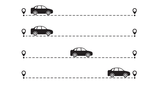 Cars with dashed lines and location pins representing routes and travel points on a white background, graphic design