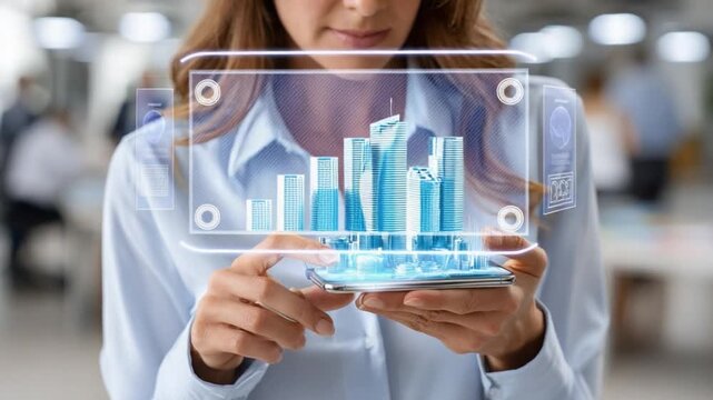 Architectural Innovation: A professional woman interacts with a holographic cityscape on a sleek smartphone screen, blending technology and urban design.