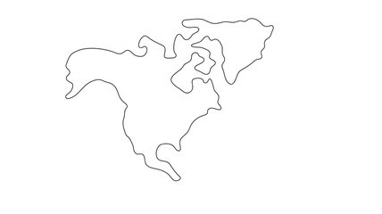 North America continent outline map in a clean, simple black line drawing on a white background. featuring silhouette, illustration, geographical