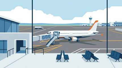Minimalist modern flat illustration of airport departure, airplane and terminal shapes.