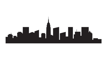 Obraz premium City skyline silhouette with diverse buildings, including a prominent spire, creating an urban landscape against a white background.