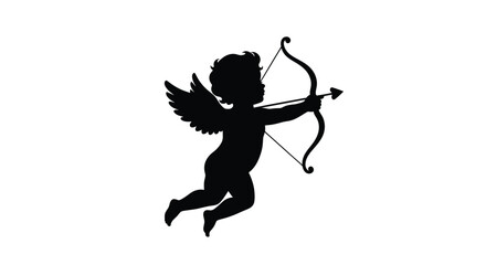 Fototapeta premium A black silhouette of cupid with bow and arrow flying gracefully silhouette