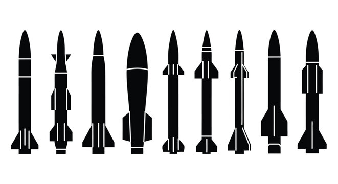 Collection of various missile designs presented in stark silhouette