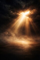 Obraz premium Powerful golden light rays breaking through dark dramatic clouds, shining down onto a shadowy, atmospheric, and misty open ground, creating a hopeful and mysterious scene
