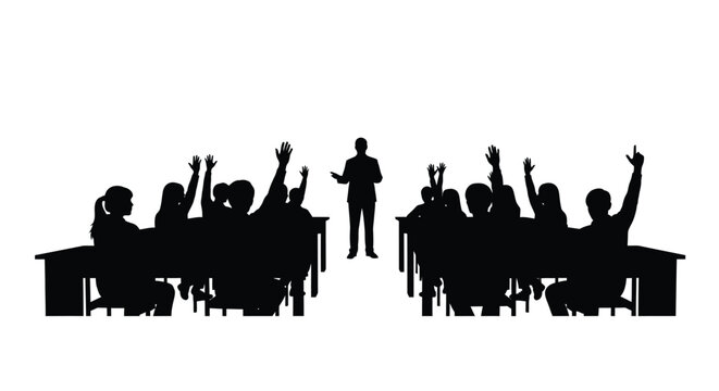 Classroom scene with a teacher and students raising hands silhouette