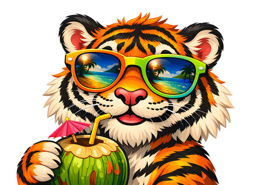 Cartoon colorful tiger drinking coconut water wearing oversized glasses on white background. Created with generative AI.