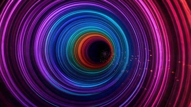 Colorful concentric neon rings spinning around a dark center, creating a vibrant futuristic tunnel background for sci fi, music and digital motion visuals