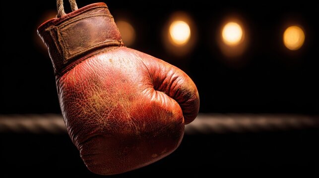 Close-up detail of a well-worn vintage red leather boxing glove, ready for action in a dimly lit ring