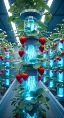 Naklejka premium Futuristic Vertical Farming Concept: Hydroponic Strawberry Cultivation in Tech Capsules