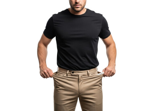 caucasian man, 35-45, in casual clothes, theatrically pulling empty inside-out khaki trousers pockets on a stark white studio background, demonstrating financial distress concept